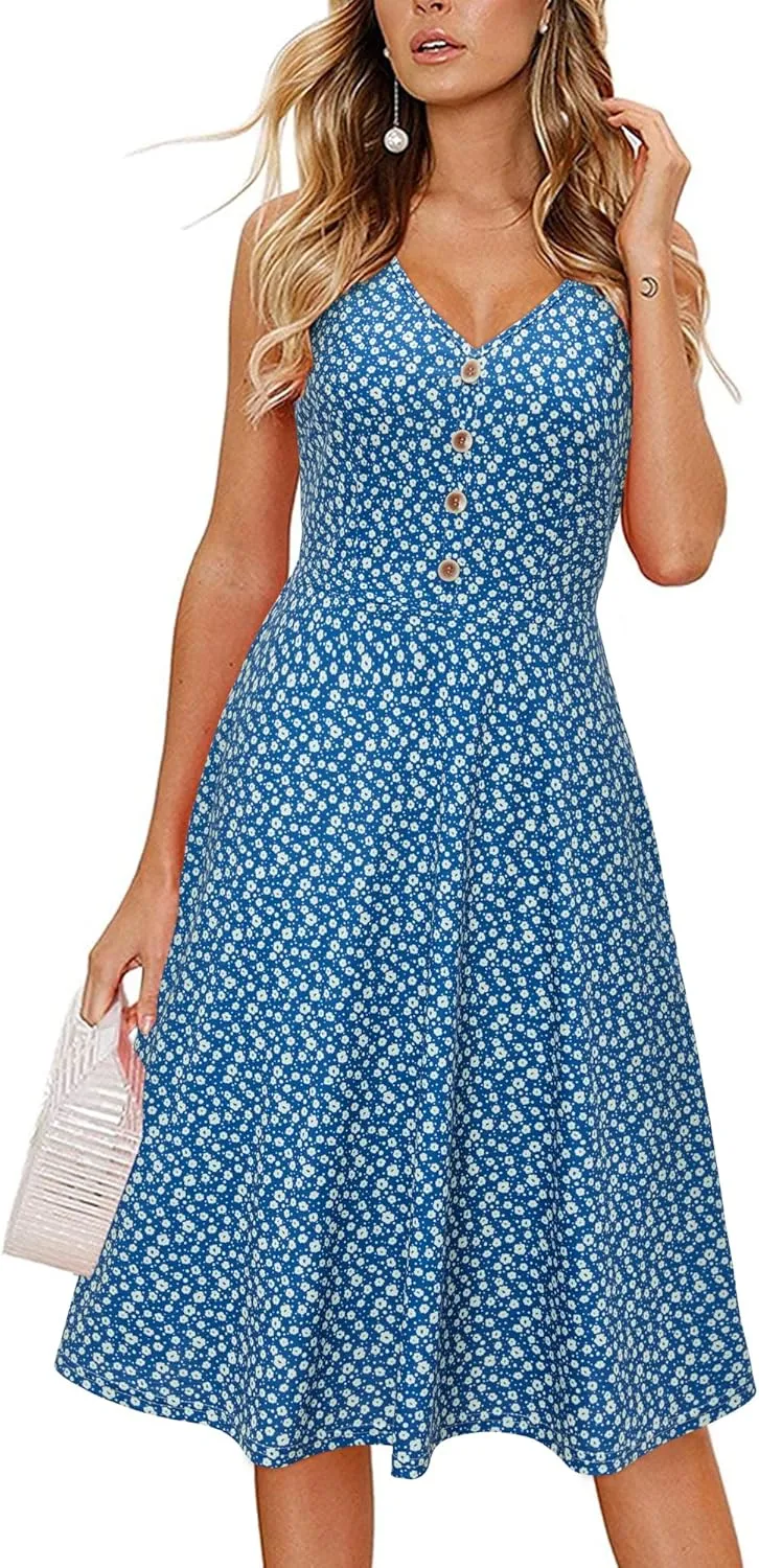 II ININ Women's 2025 Sundresses Casual Summer Tank Dress V Neck Sleeveless Button Down Midi Floral Beach Dress with Pockets