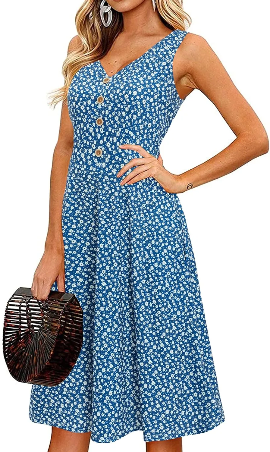 II ININ Women's 2025 Sundresses Casual Summer Tank Dress V Neck Sleeveless Button Down Midi Floral Beach Dress with Pockets