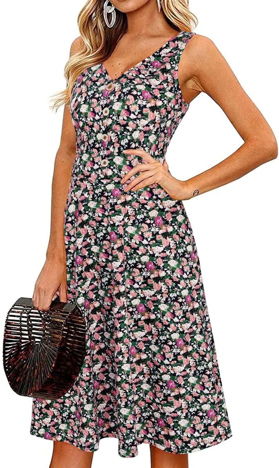 II ININ Women's 2025 Sundresses Casual Summer Tank Dress V Neck Sleeveless Button Down Midi Floral Beach Dress with Pockets