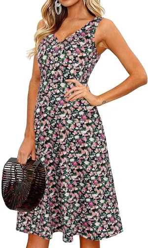 II ININ Women's 2025 Sundresses Casual Summer Tank Dress V Neck Sleeveless Button Down Midi Floral Beach Dress with Pockets