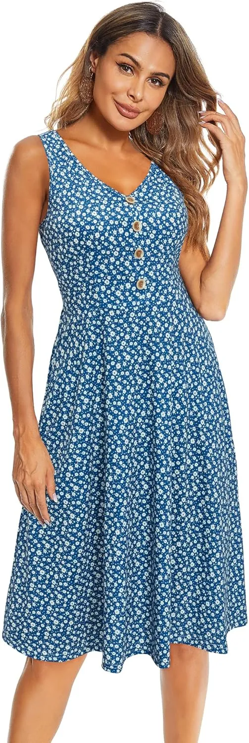 II ININ Women's 2025 Sundresses Casual Summer Tank Dress V Neck Sleeveless Button Down Midi Floral Beach Dress with Pockets