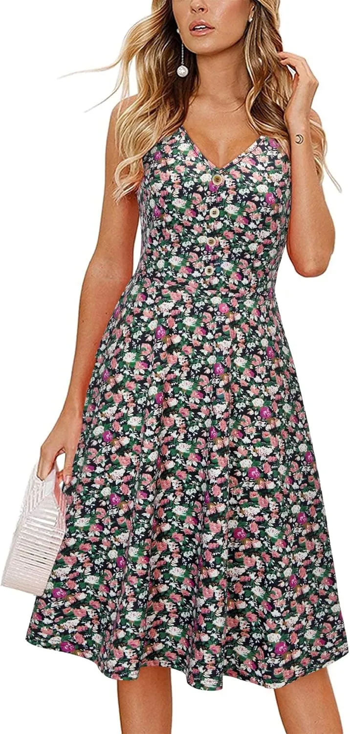 II ININ Women's 2025 Sundresses Casual Summer Tank Dress V Neck Sleeveless Button Down Midi Floral Beach Dress with Pockets