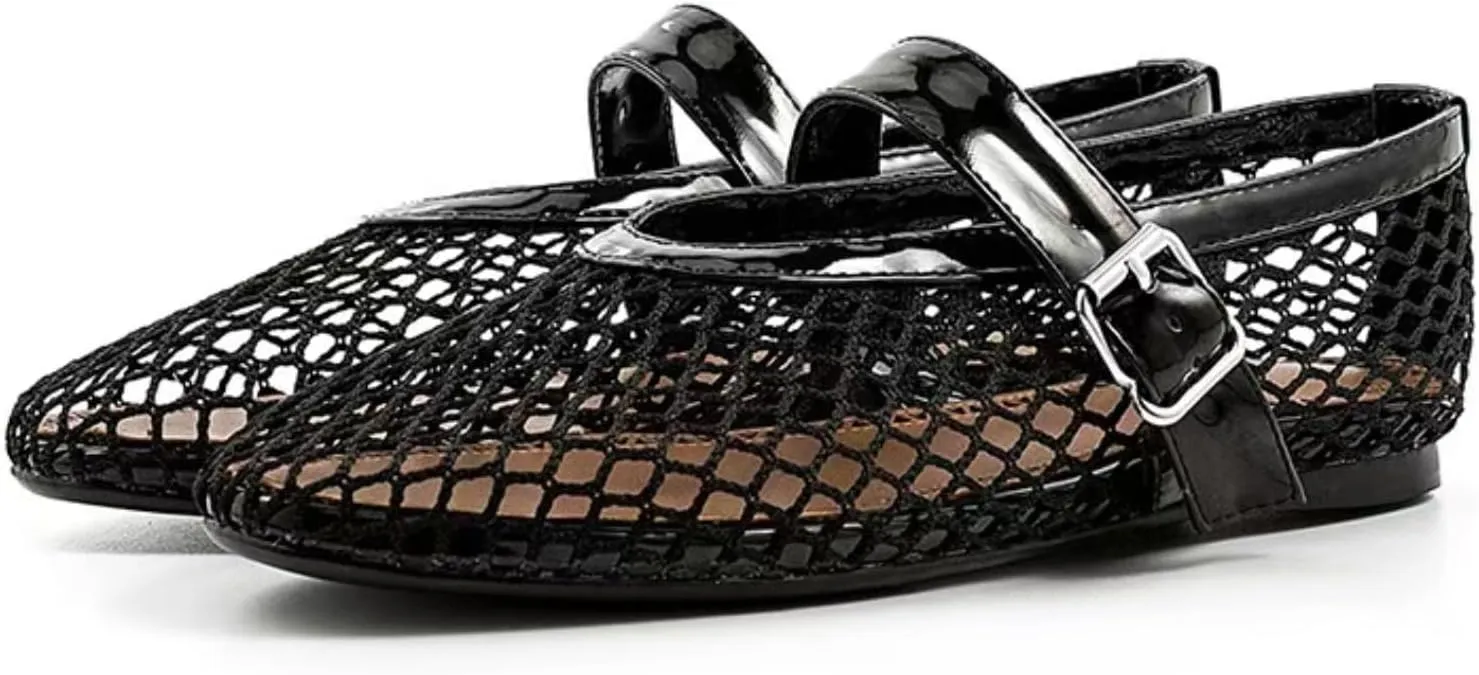 IMPREMEY Mesh Ballet Flats for Women Buckle Strap Round Toe Wide Width Mesh Flats Casual Ballerina Shoes