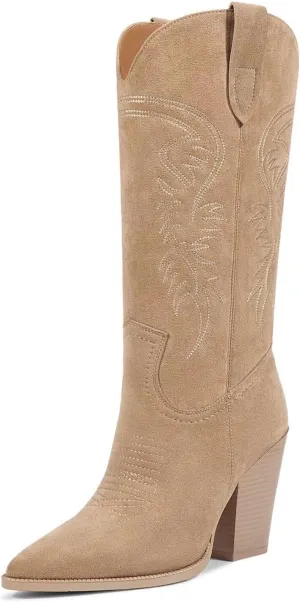 ISNOM Cowboy Boots Cowgir Boots for Women, Pointed Toe Chunky Heel Western Boots
