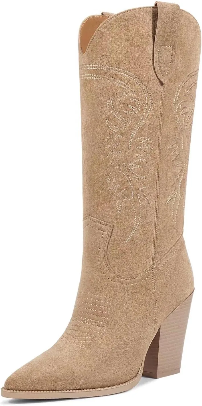 ISNOM Cowboy Boots Cowgir Boots for Women, Pointed Toe Chunky Heel Western Boots