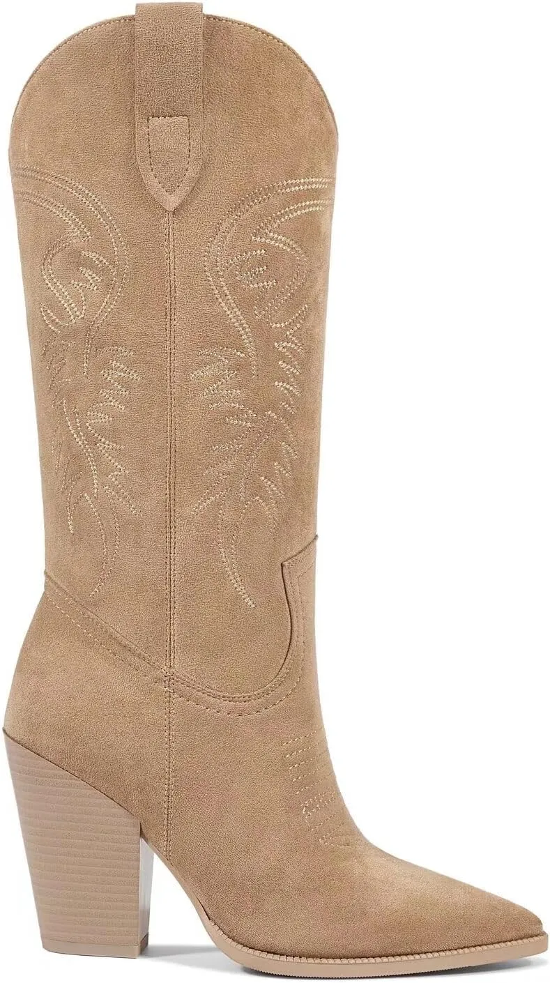 ISNOM Cowboy Boots Cowgir Boots for Women, Pointed Toe Chunky Heel Western Boots
