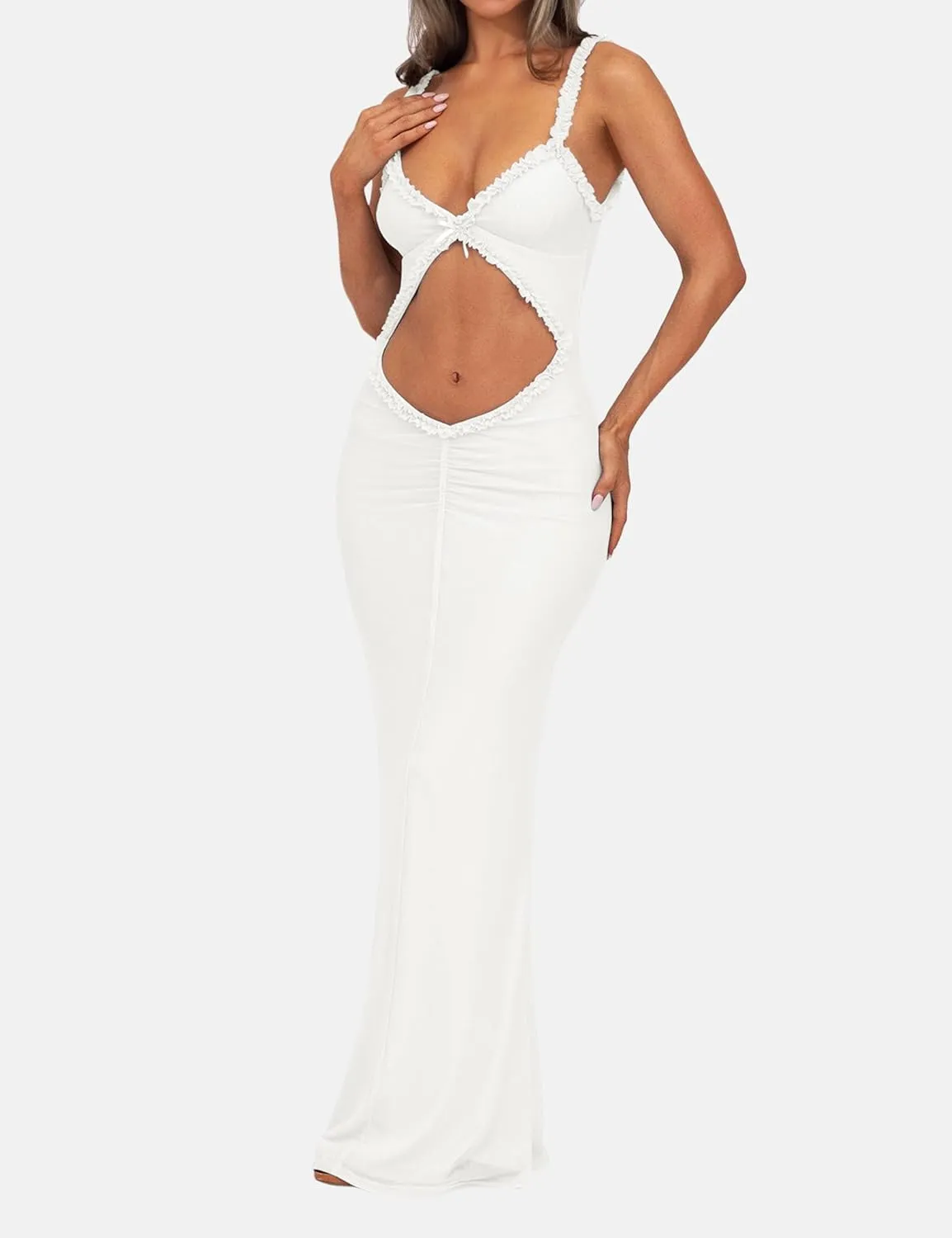 ISZPLUSH Women's Sleeveless All Mesh Dress Sexy Mini Tassel Cut Out See Through Dress High Slit Ruffle Hem Mesh Club Outfit