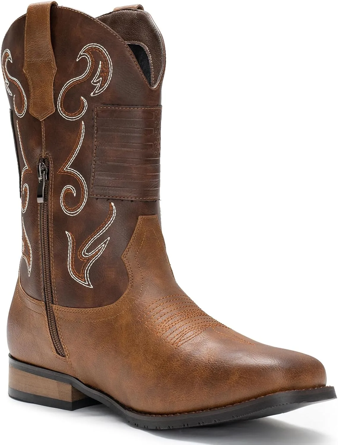 IUV Cowboy Boots For Men Western Boot Classic American Flag Embroidered Square Toe Mid-Calf Boots