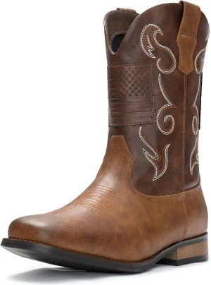 IUV Cowboy Boots For Men Western Boot Classic American Flag Embroidered Square Toe Mid-Calf Boots