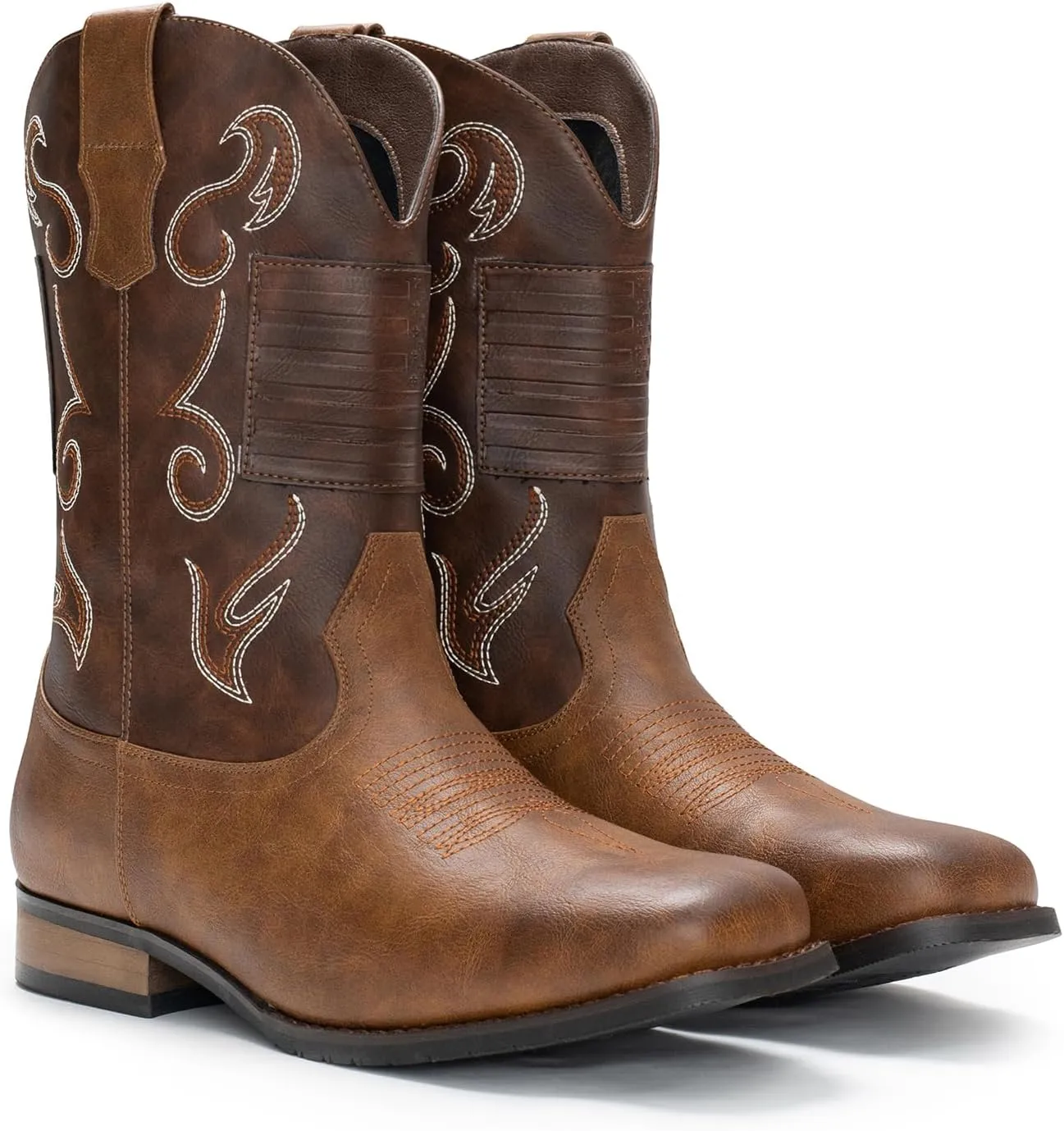 IUV Cowboy Boots For Men Western Boot Classic American Flag Embroidered Square Toe Mid-Calf Boots