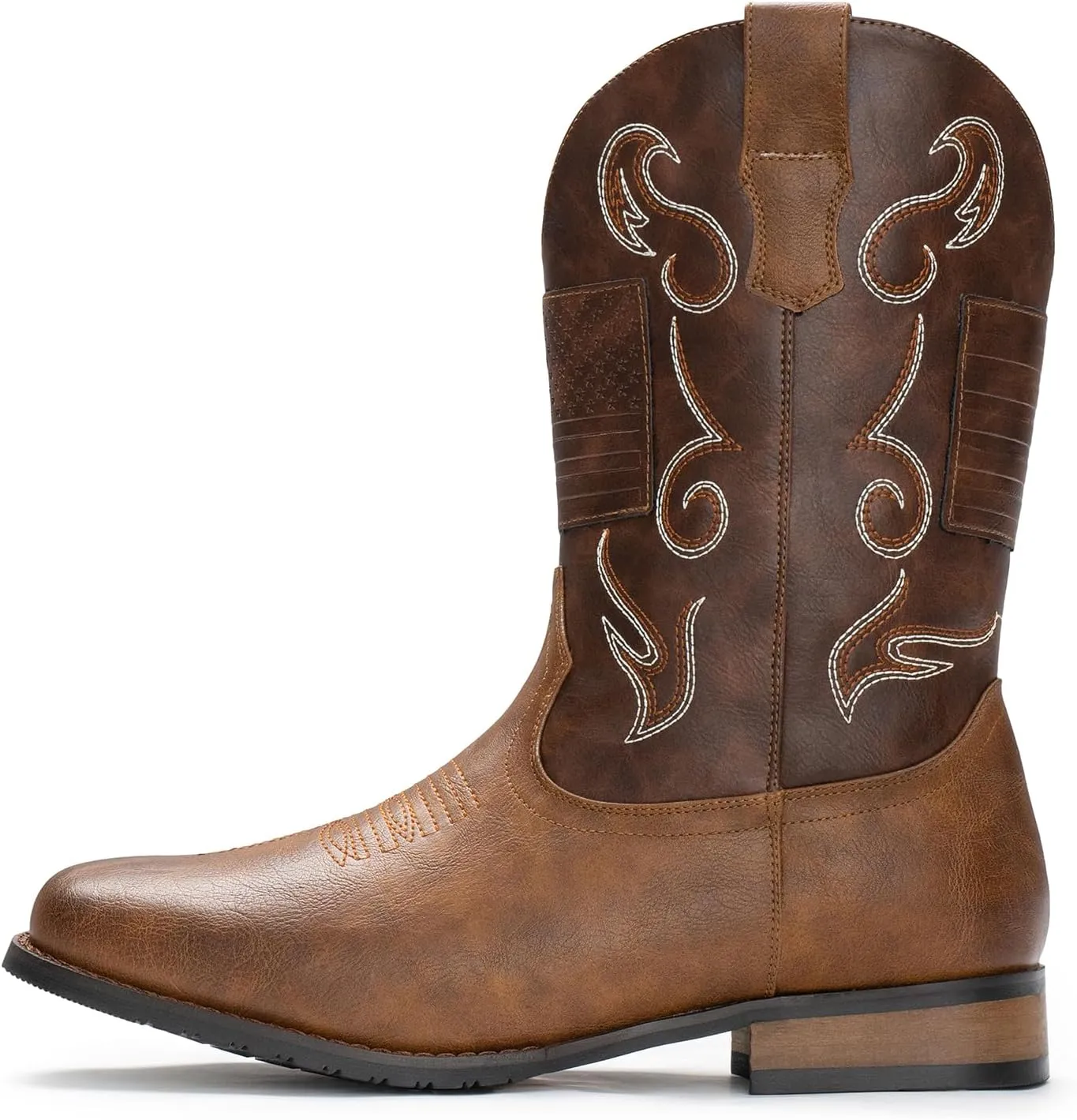 IUV Cowboy Boots For Men Western Boot Classic American Flag Embroidered Square Toe Mid-Calf Boots