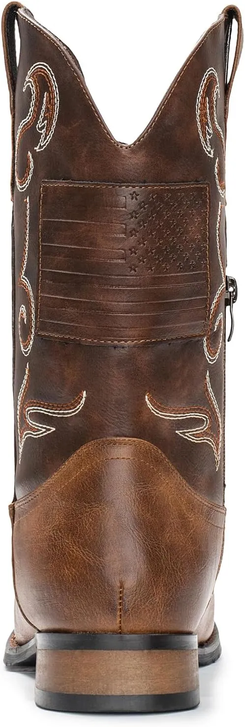 IUV Cowboy Boots For Men Western Boot Classic American Flag Embroidered Square Toe Mid-Calf Boots