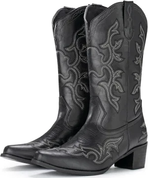 IUV Cowboy Boots For Women Western Boots Cowgirl Classic Fashion Embroidered Pointy Toe Boots