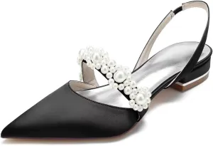 JOEupin Women's Pointed Toe Wedding Shoes for Bride Flats Pearl Sling Back Bridal Flats Evening Prom Party Dress Pumps
