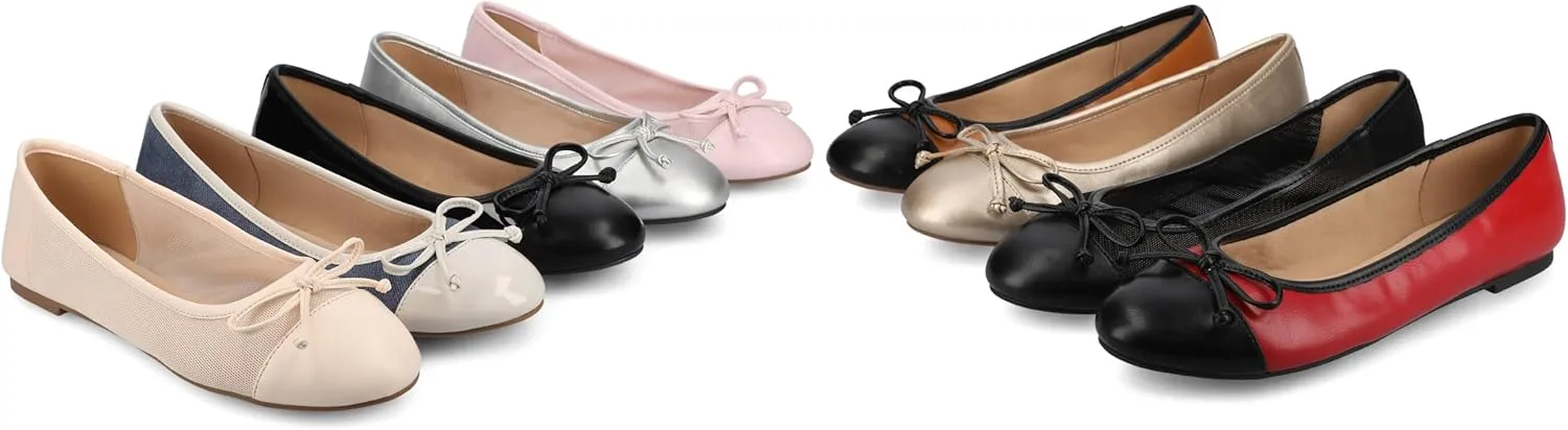 Journee Collection Womens Kaiah Ballet Dress Flats with Bow Cushioned Slip On Round Cap Toe Two Tone Mesh Shoe