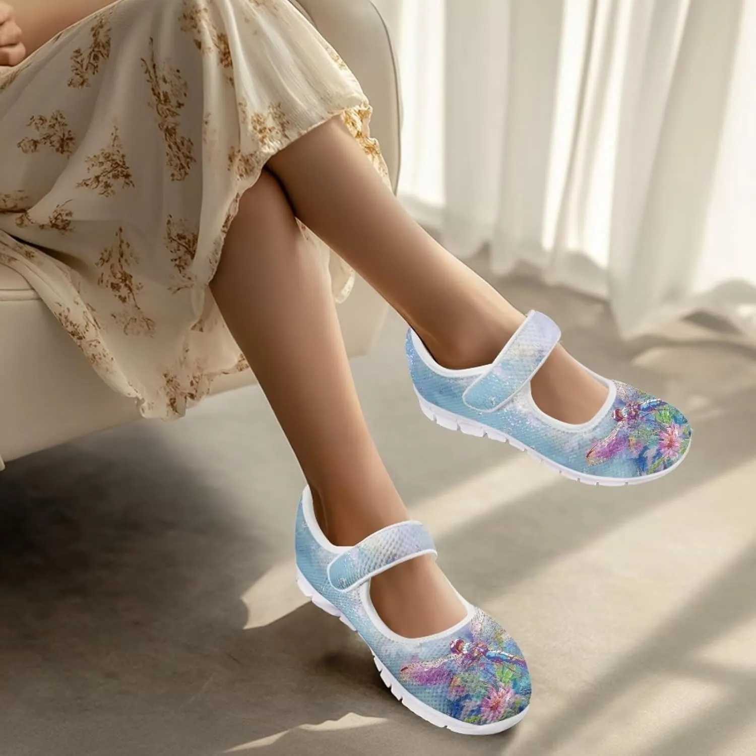 JoyLamoria Art Dragonfly Mary Jane Shoes Closed Toe Elastic Sneakers for Stylish Flats Causal Walking Shoes Comfortable