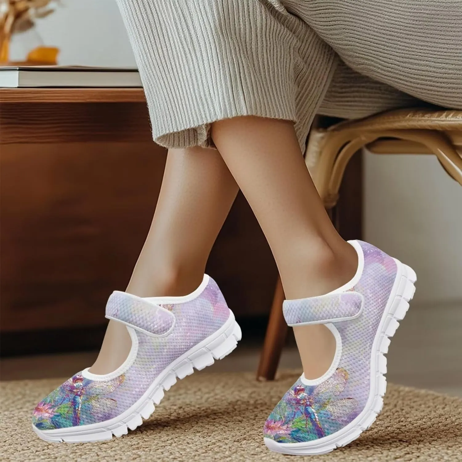 JoyLamoria Art Dragonfly Mary Jane Shoes Closed Toe Elastic Sneakers for Stylish Flats Causal Walking Shoes Comfortable