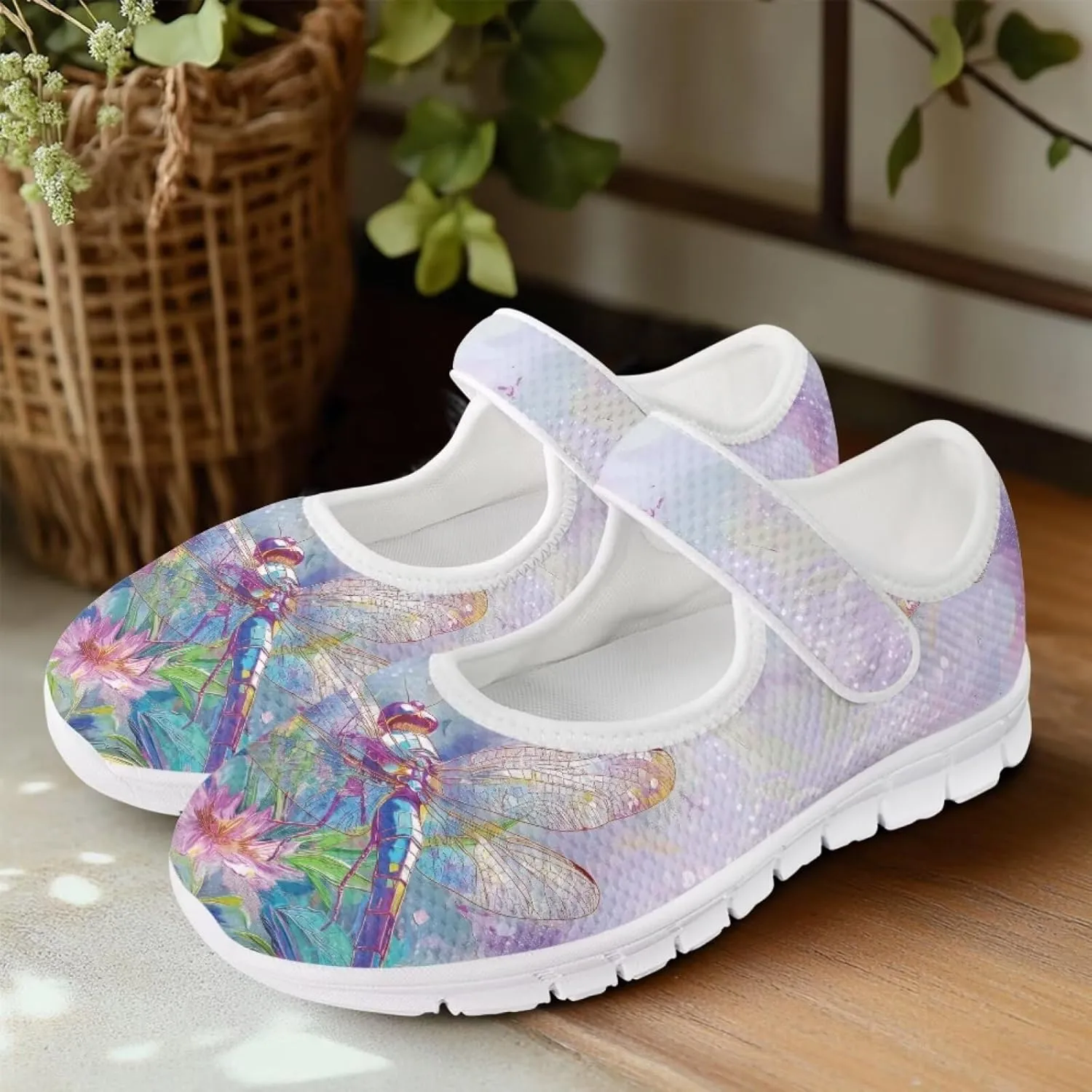 JoyLamoria Art Dragonfly Mary Jane Shoes Closed Toe Elastic Sneakers for Stylish Flats Causal Walking Shoes Comfortable
