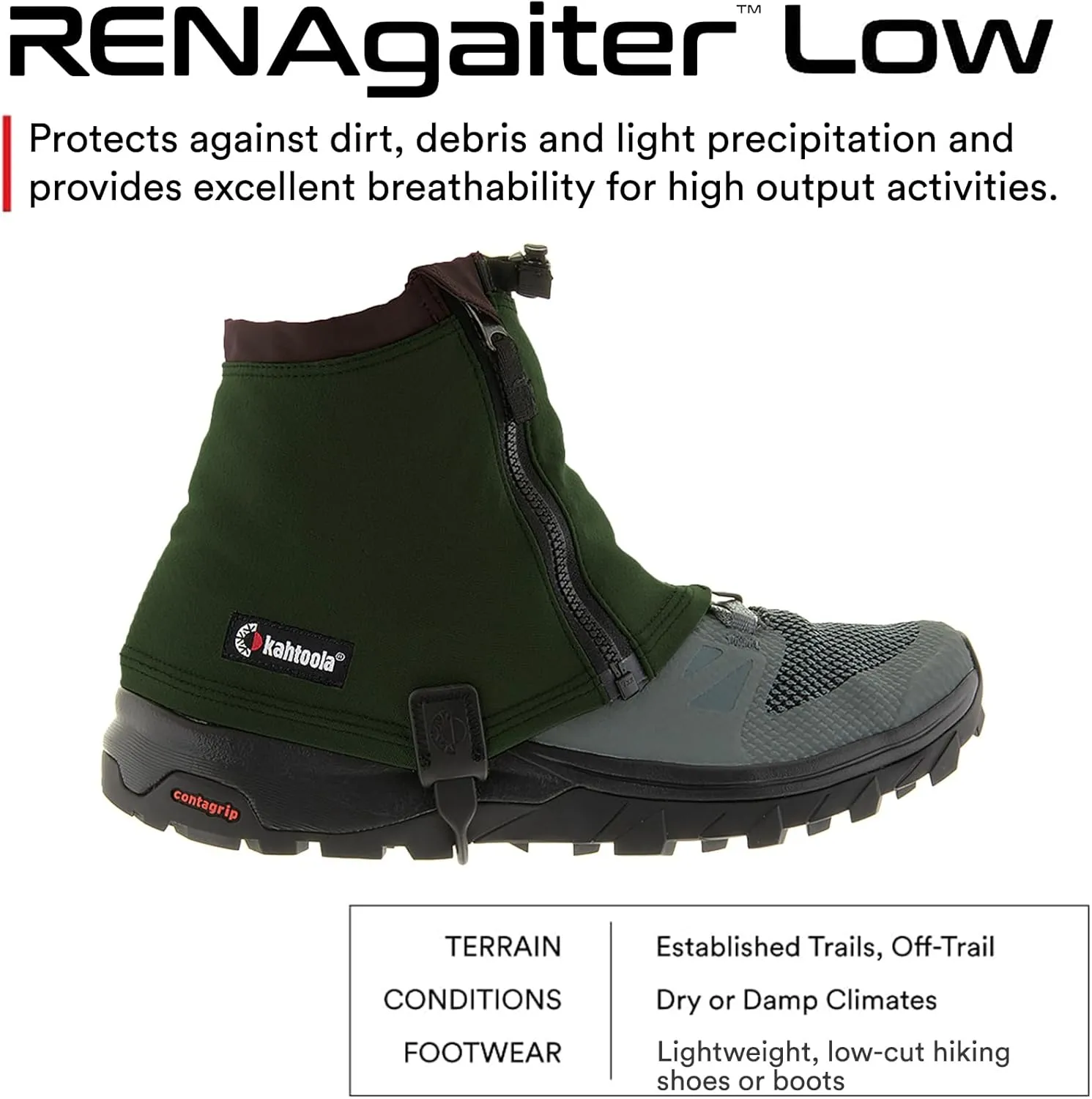 Kahtoola RENAgaiter Low Gaiters for Hiking, Mountaineering, Trail Running, Shoe & Boot Protection in Mud, Snow & Ice