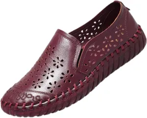 Keilinia Women's Leather Loafers Slip-on Casual Shoes,Comfort Hollow Breathe Hand-Stitching Non-Slip Ox Softsole Walking Flats
