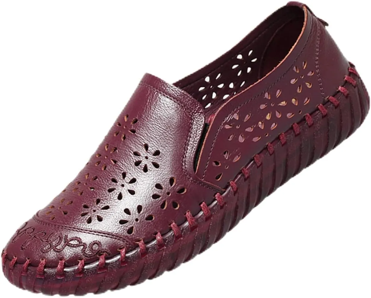 Keilinia Women's Leather Loafers Slip-on Casual Shoes,Comfort Hollow Breathe Hand-Stitching Non-Slip Ox Softsole Walking Flats