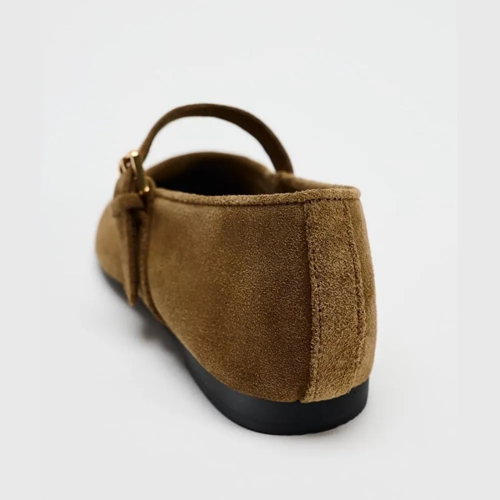 keleimusi Suede Ballet Flats for Women Cute Round Toe Slip On Studded Mary Jane Flats Casual Ballerina Shoes with Strap