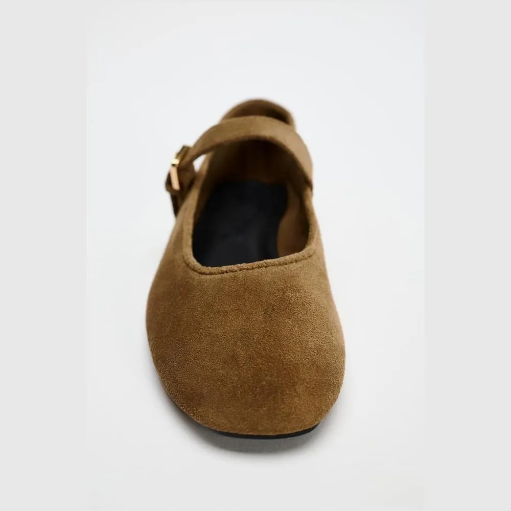 keleimusi Suede Ballet Flats for Women Cute Round Toe Slip On Studded Mary Jane Flats Casual Ballerina Shoes with Strap