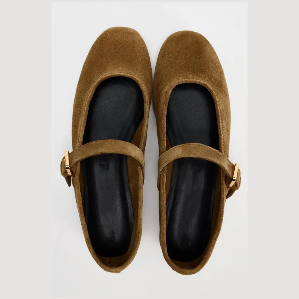keleimusi Suede Ballet Flats for Women Cute Round Toe Slip On Studded Mary Jane Flats Casual Ballerina Shoes with Strap