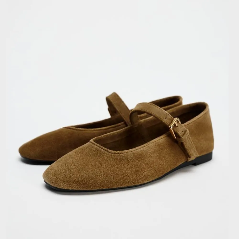 keleimusi Suede Ballet Flats for Women Cute Round Toe Slip On Studded Mary Jane Flats Casual Ballerina Shoes with Strap