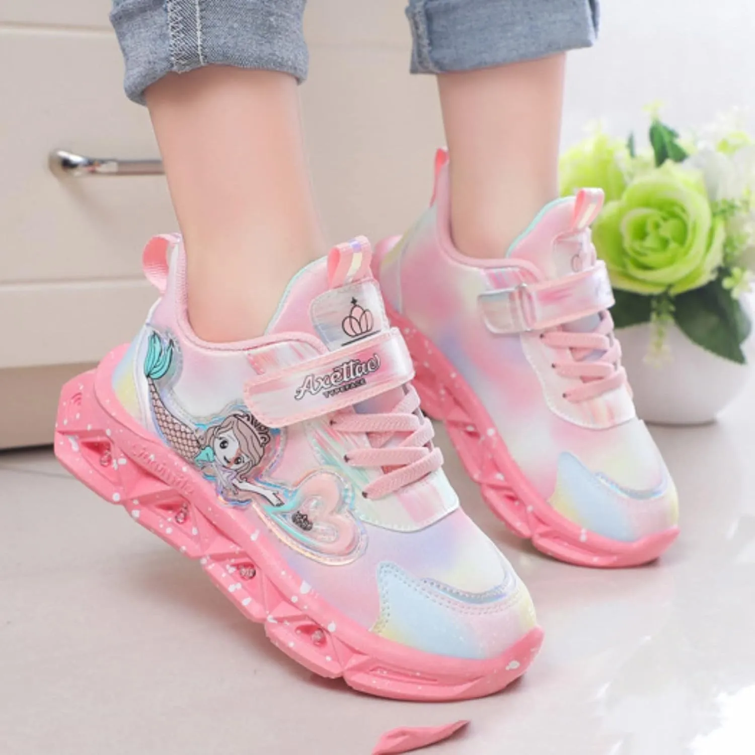 Kids Light Up Flash Light Sneakers Newborn Infant Girls Baby Outdoor Platform Chunky Heel Breathable Mesh Shoes