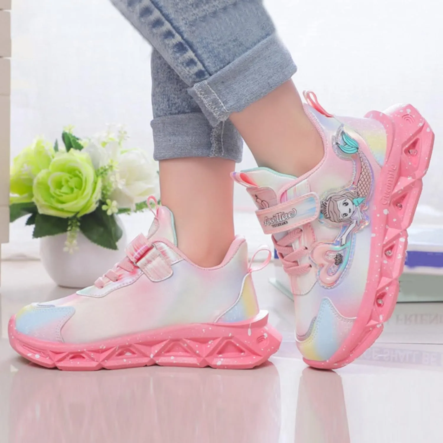 Kids Light Up Flash Light Sneakers Newborn Infant Girls Baby Outdoor Platform Chunky Heel Breathable Mesh Shoes