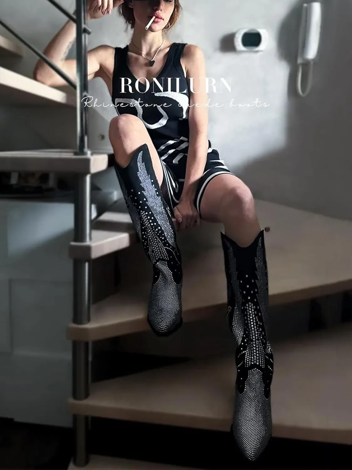 Knee High Cowboy Boots for Women Cowgirl Western Boots Rhinestone Bling Pointed Toe Chunky Heel Pull On Fashion Shoes Tall Black Boot
