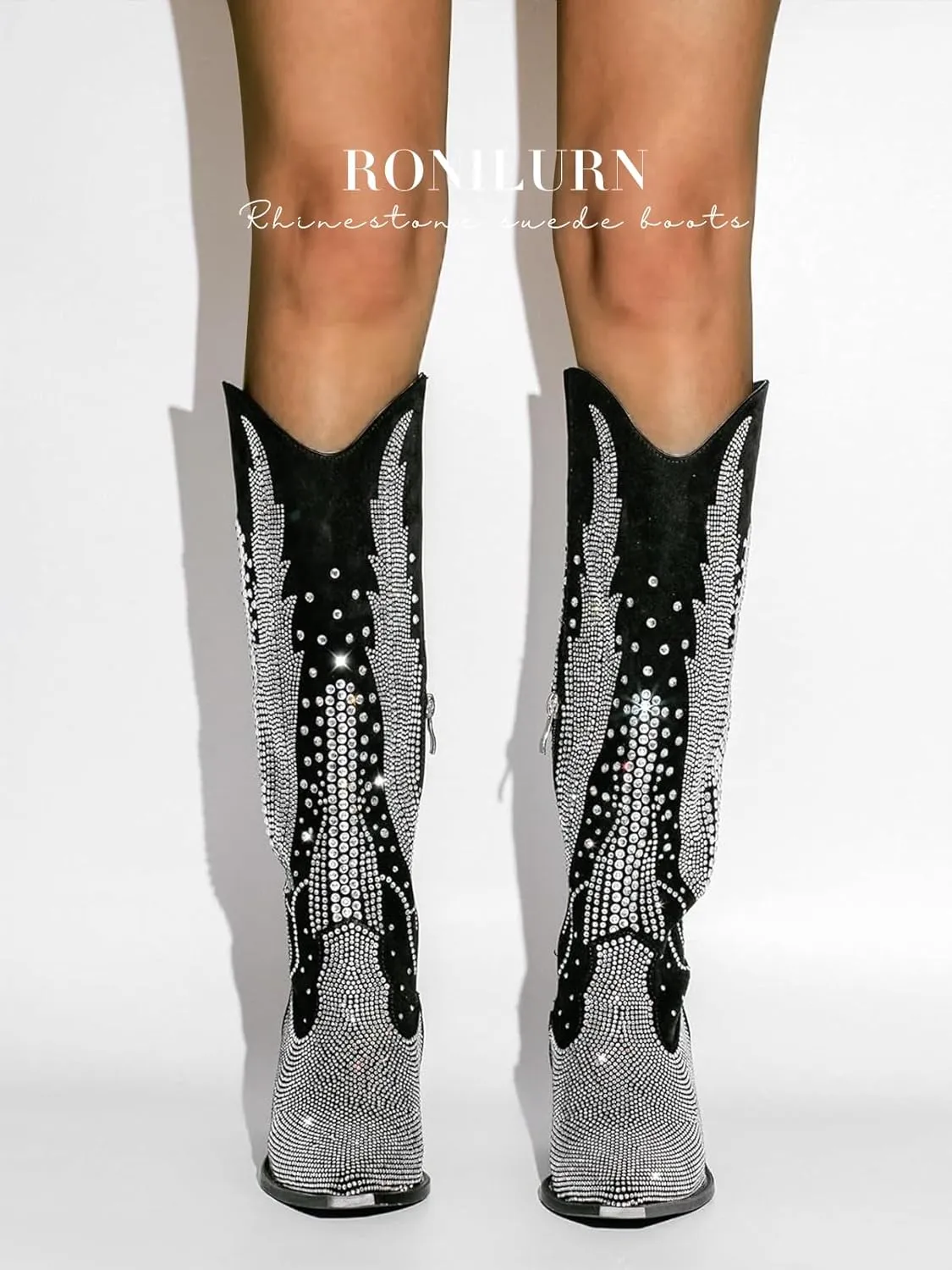 Knee High Cowboy Boots for Women Cowgirl Western Boots Rhinestone Bling Pointed Toe Chunky Heel Pull On Fashion Shoes Tall Black Boot