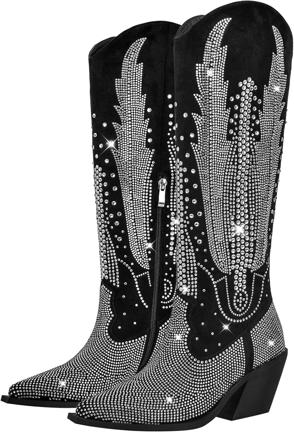 Knee High Cowboy Boots for Women Cowgirl Western Boots Rhinestone Bling Pointed Toe Chunky Heel Pull On Fashion Shoes Tall Black Boot