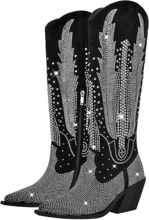 Knee High Cowboy Boots for Women Cowgirl Western Boots Rhinestone Bling Pointed Toe Chunky Heel Pull On Fashion Shoes Tall Black Boot