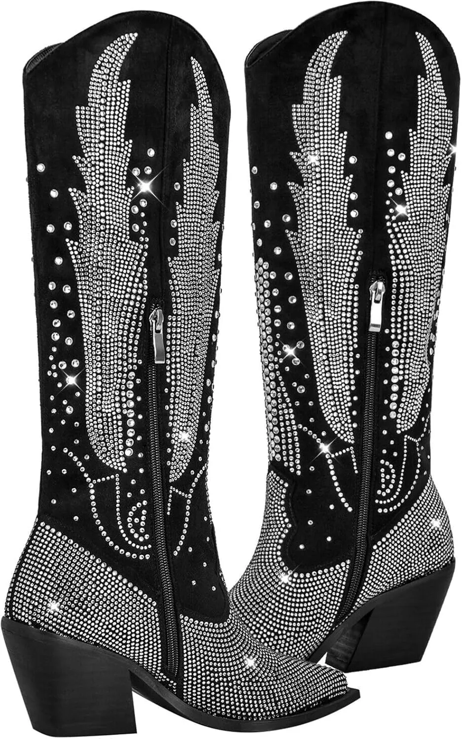 Knee High Cowboy Boots for Women Cowgirl Western Boots Rhinestone Bling Pointed Toe Chunky Heel Pull On Fashion Shoes Tall Black Boot