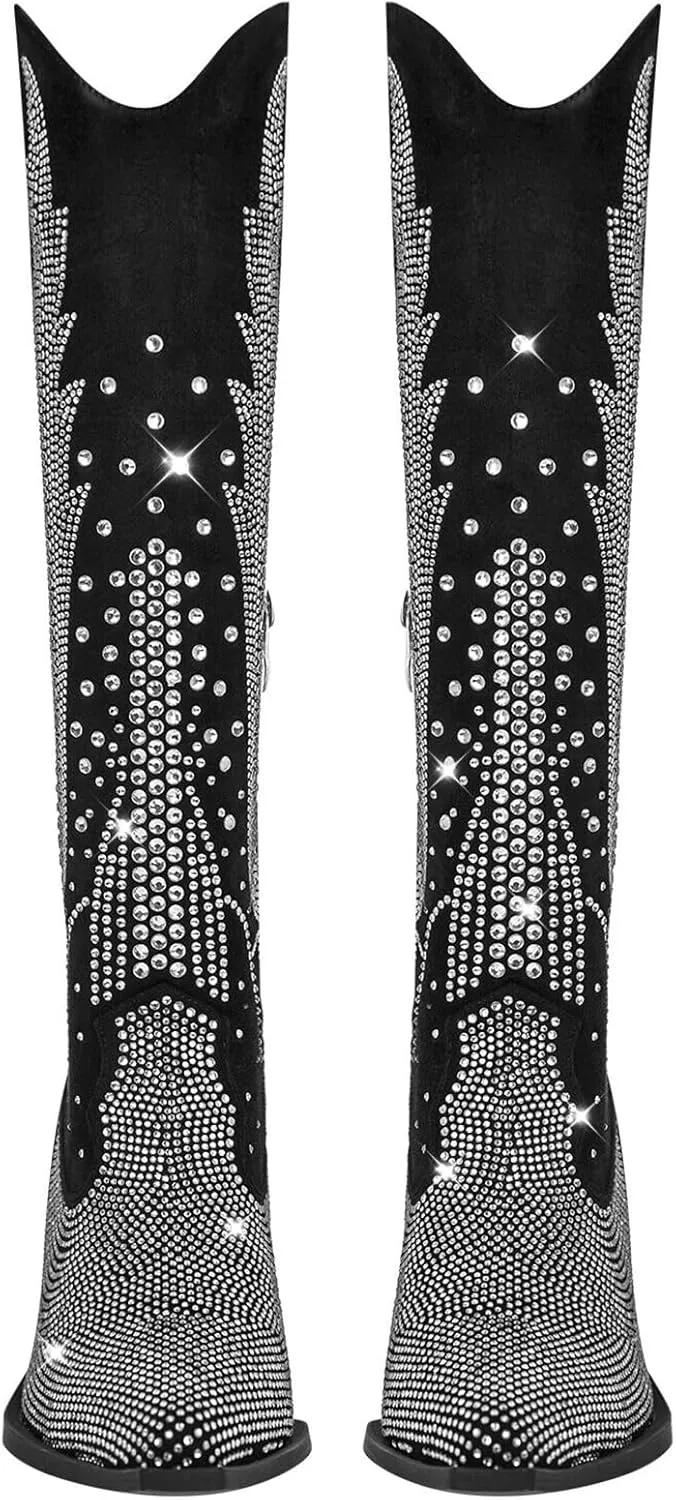 Knee High Cowboy Boots for Women Cowgirl Western Boots Rhinestone Bling Pointed Toe Chunky Heel Pull On Fashion Shoes Tall Black Boot