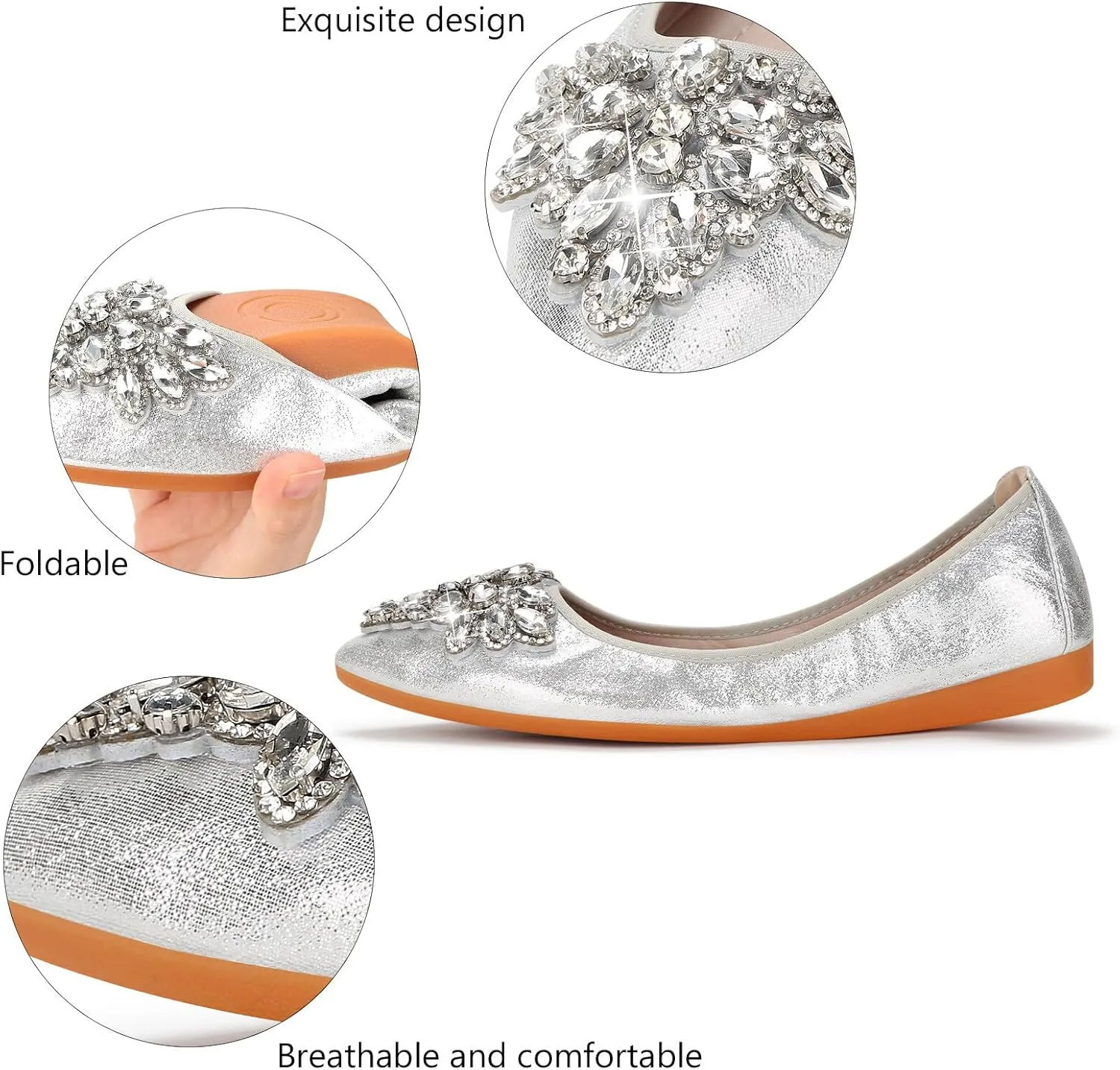 KUNWFNIX Women Ballet Flats Rhinestone Wedding Ballerina Shoes Foldable Sparkly Comfort Slip on Flat Shoes