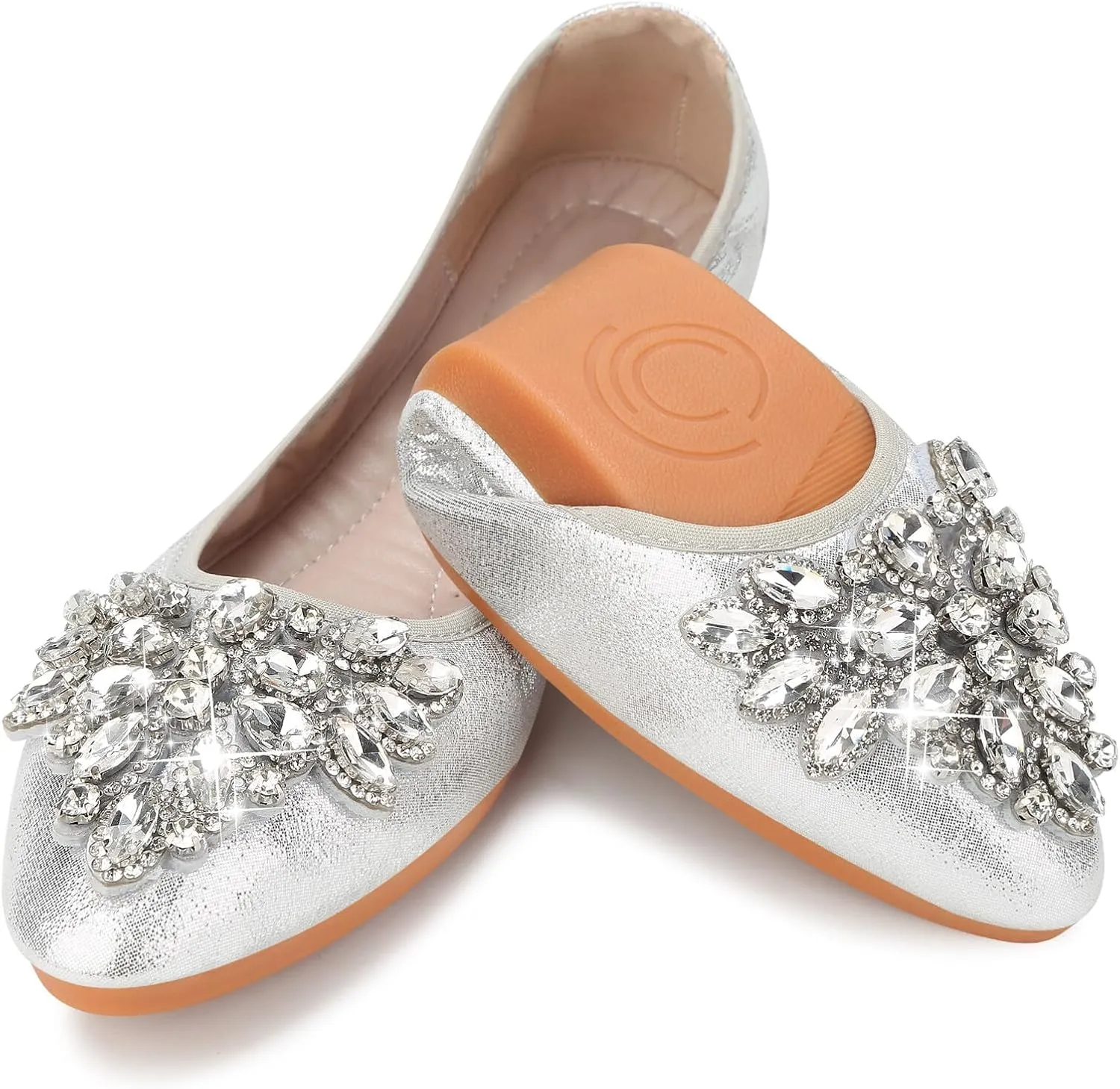 KUNWFNIX Women Ballet Flats Rhinestone Wedding Ballerina Shoes Foldable Sparkly Comfort Slip on Flat Shoes