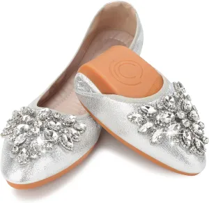 KUNWFNIX Women Ballet Flats Rhinestone Wedding Ballerina Shoes Foldable Sparkly Comfort Slip on Flat Shoes