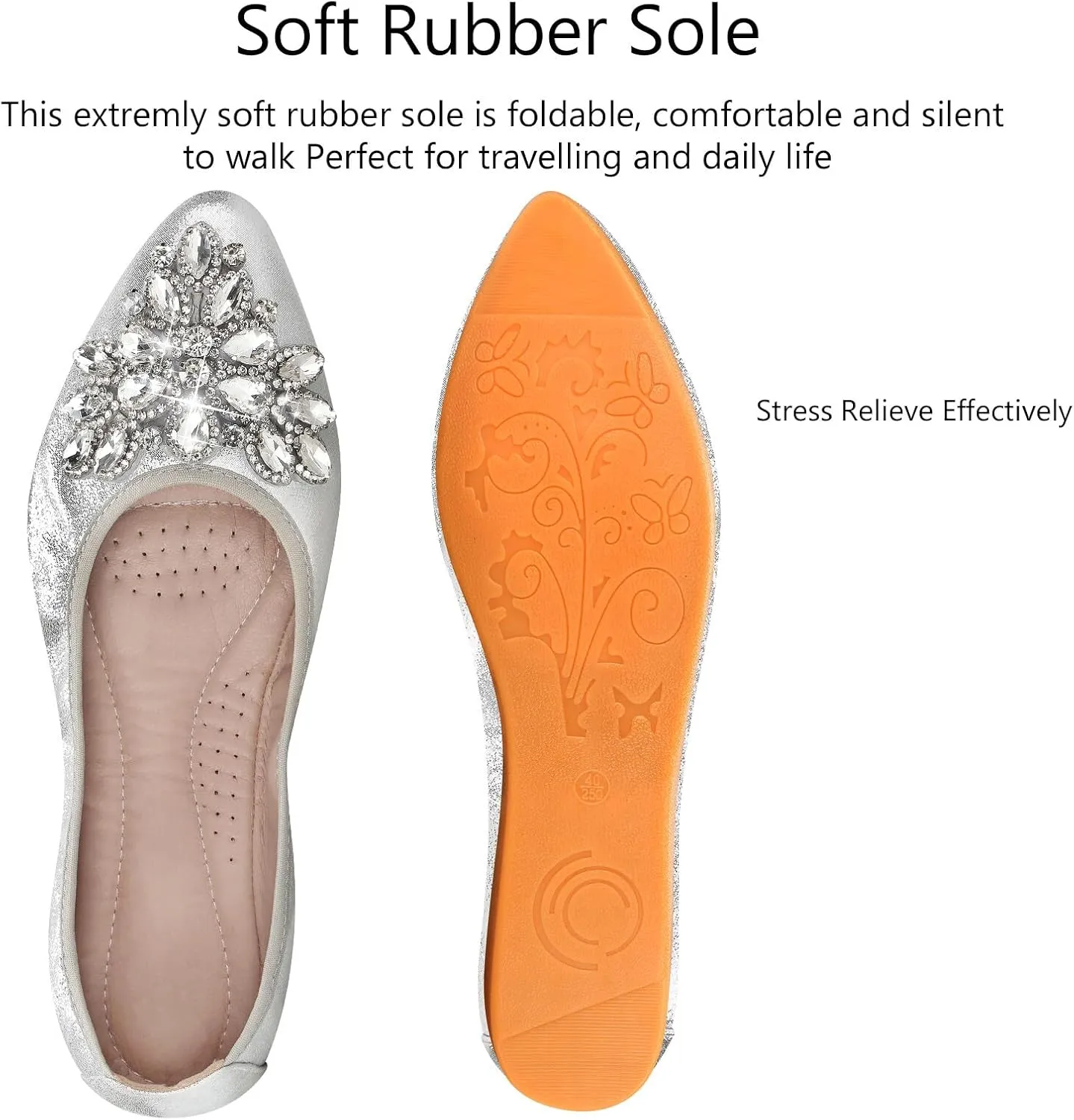 KUNWFNIX Women Ballet Flats Rhinestone Wedding Ballerina Shoes Foldable Sparkly Comfort Slip on Flat Shoes
