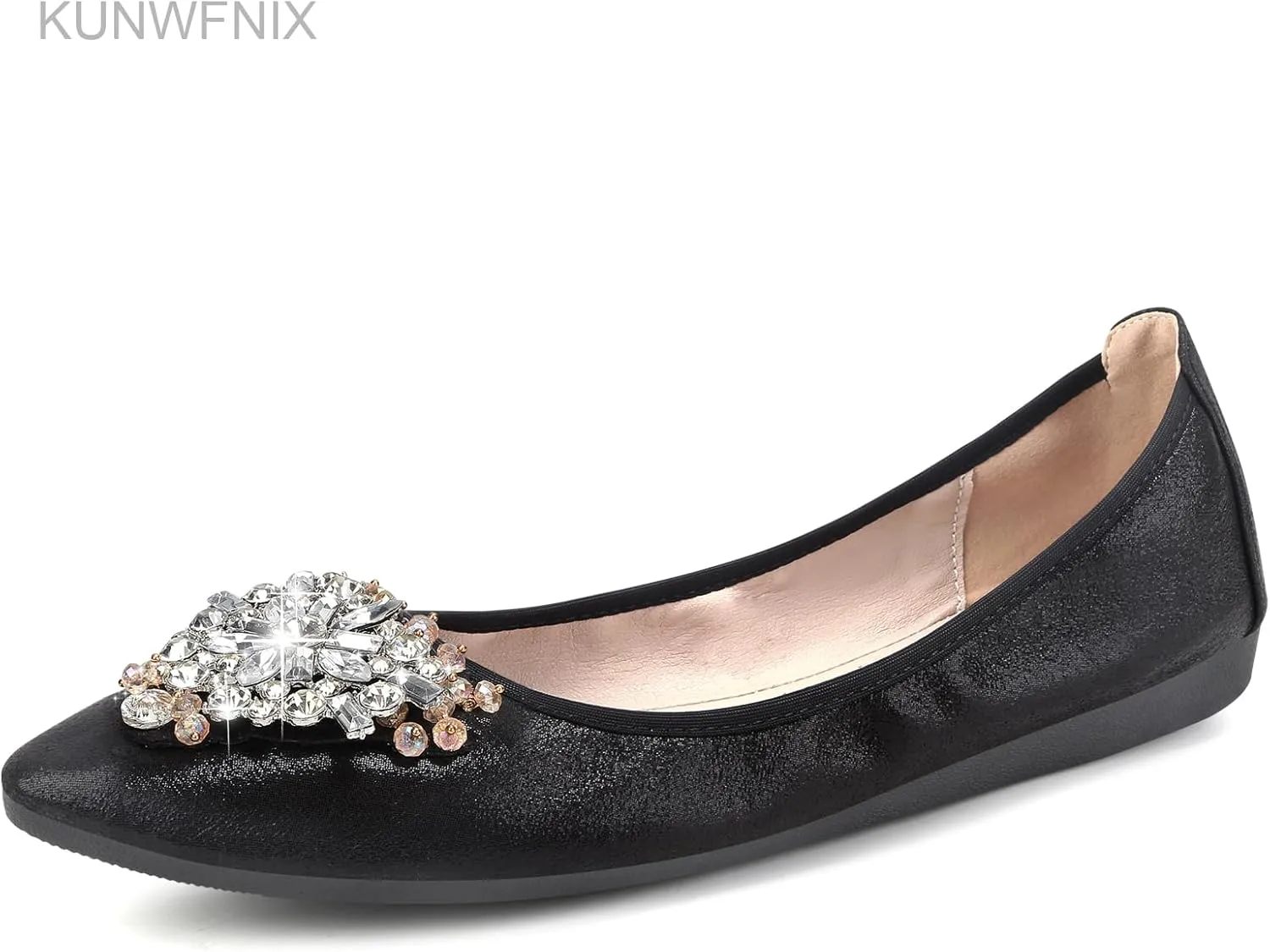 KUNWFNIX Women's Ballet Flats Foldable Classic Crown Rhinestone Slip On Flowers PU Leather Pointed Toe Comfort Flat Casual Dress Shoes