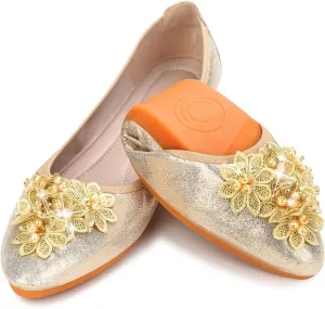 KUNWFNIX Women's Ballet Flats Foldable Classic Crown Rhinestone Slip On Flowers PU Leather Pointed Toe Comfort Flat Casual Dress Shoes