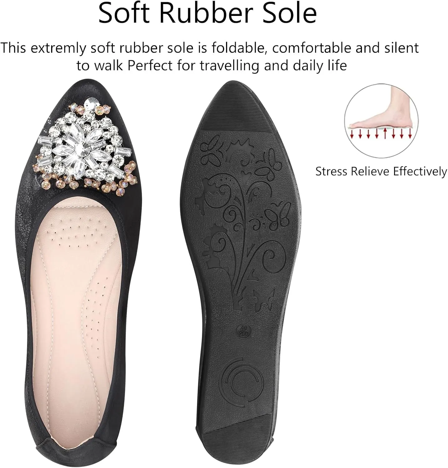 KUNWFNIX Women's Ballet Flats Foldable Classic Crown Rhinestone Slip On Flowers PU Leather Pointed Toe Comfort Flat Casual Dress Shoes