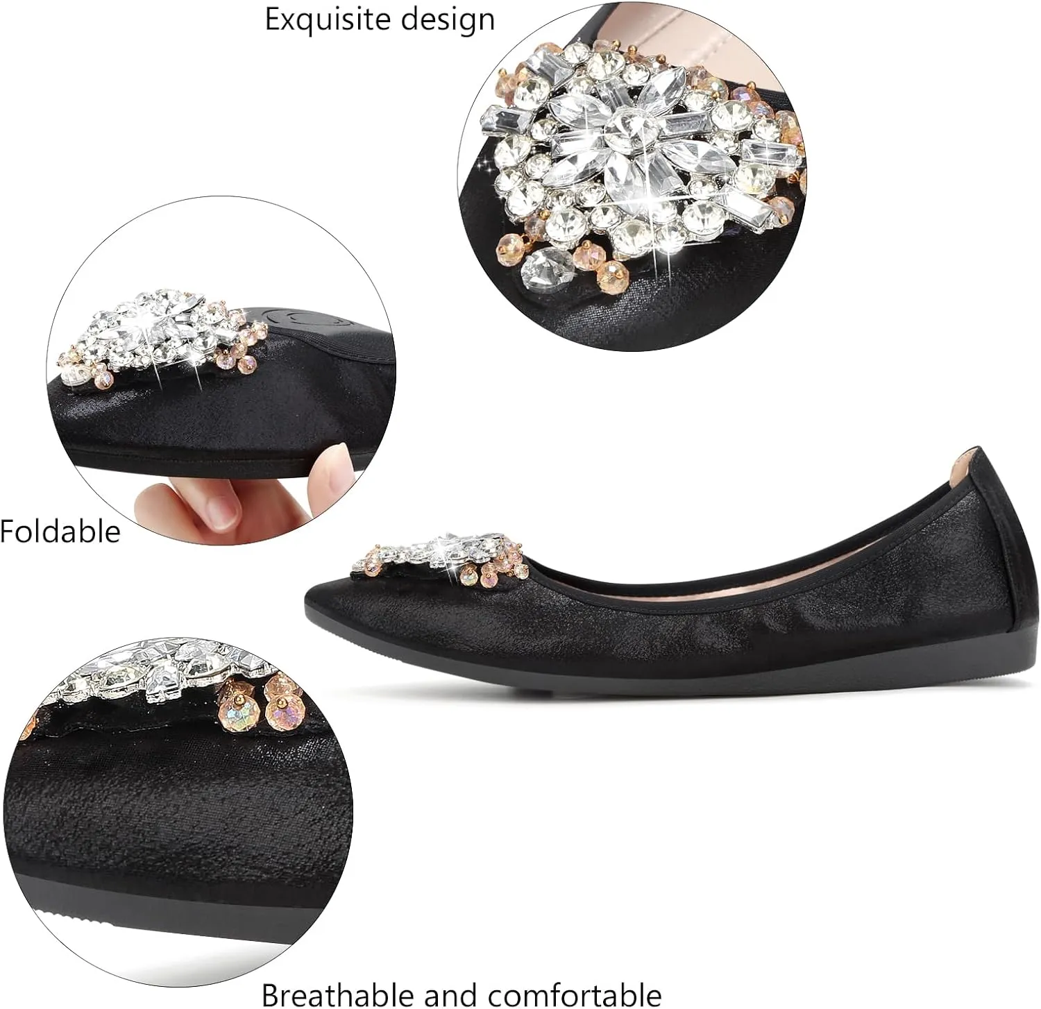 KUNWFNIX Women's Ballet Flats Foldable Classic Crown Rhinestone Slip On Flowers PU Leather Pointed Toe Comfort Flat Casual Dress Shoes