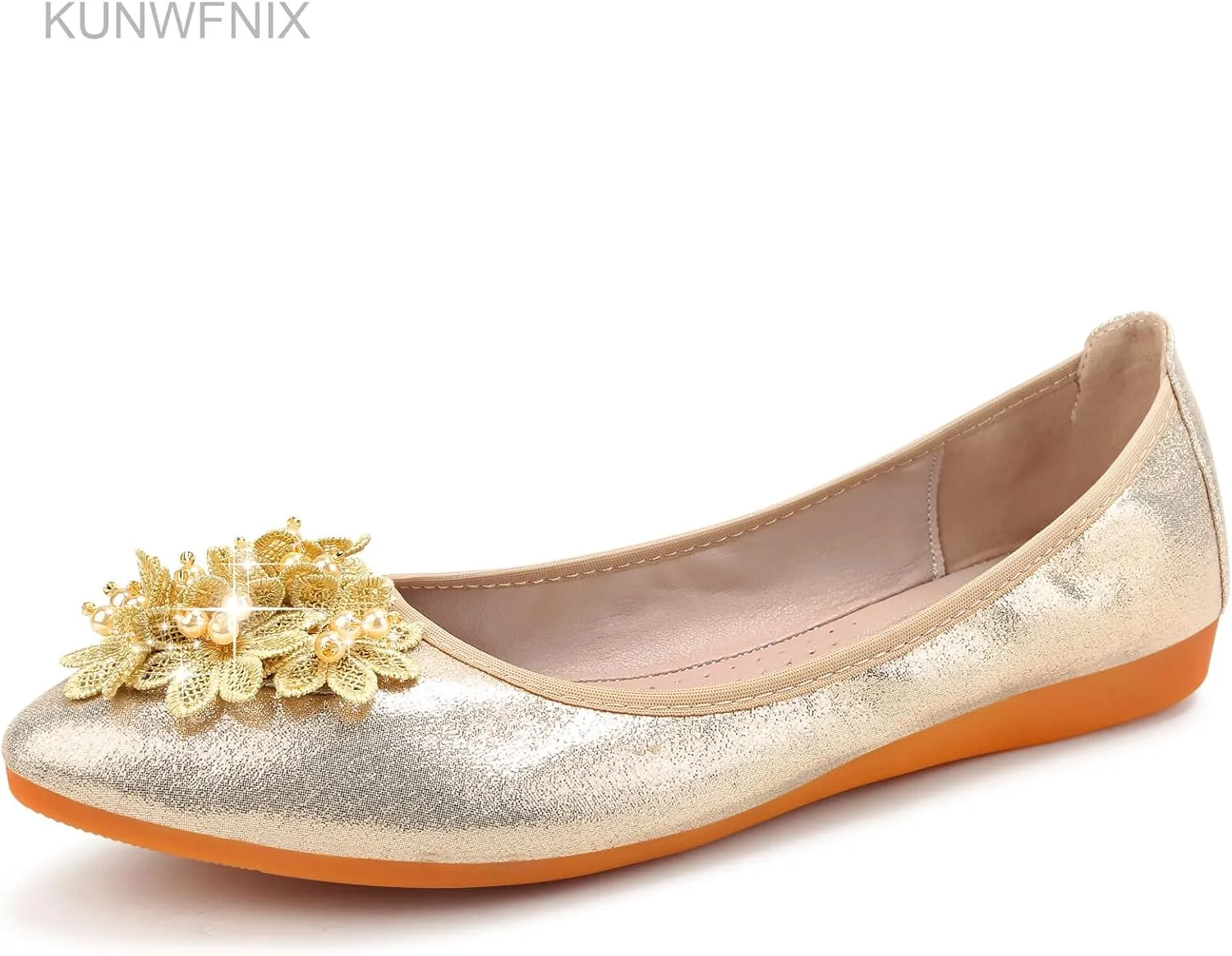 KUNWFNIX Women's Ballet Flats Foldable Classic Crown Rhinestone Slip On Flowers PU Leather Pointed Toe Comfort Flat Casual Dress Shoes