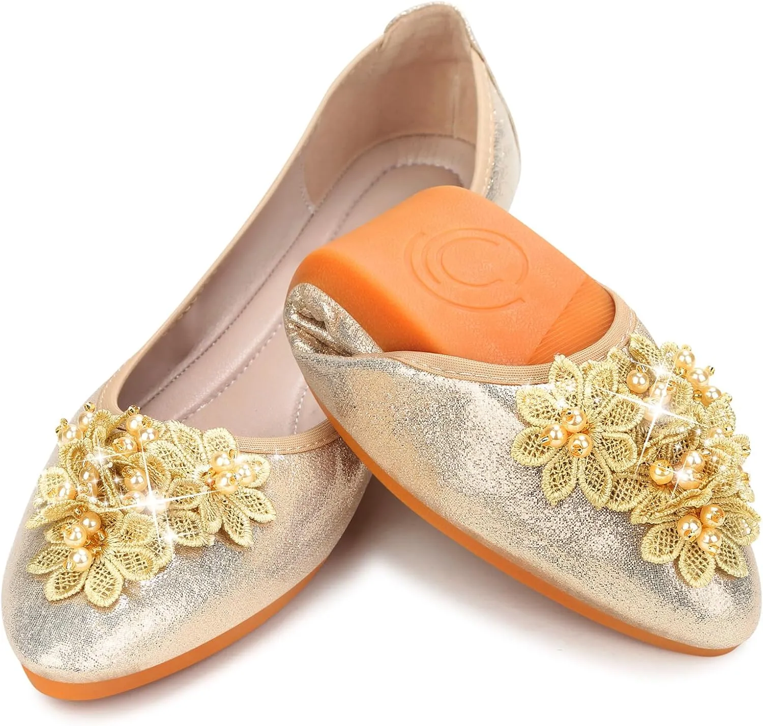 KUNWFNIX Women's Ballet Flats Foldable Classic Crown Rhinestone Slip On Flowers PU Leather Pointed Toe Comfort Flat Casual Dress Shoes