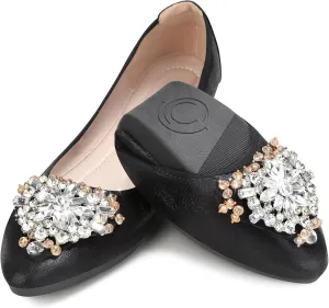KUNWFNIX Women's Ballet Flats Foldable Classic Crown Rhinestone Slip On Flowers PU Leather Pointed Toe Comfort Flat Casual Dress Shoes