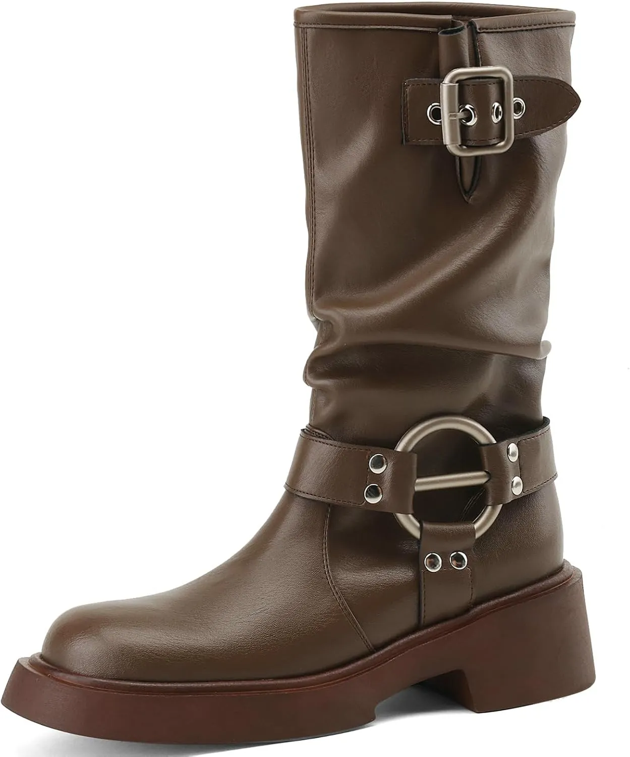 KysBloes Slouch Mid Calf Boots for Women Square Toe Motorcycle Boot Chunky Heel Biker Boots with Buckle Comfortable Boots