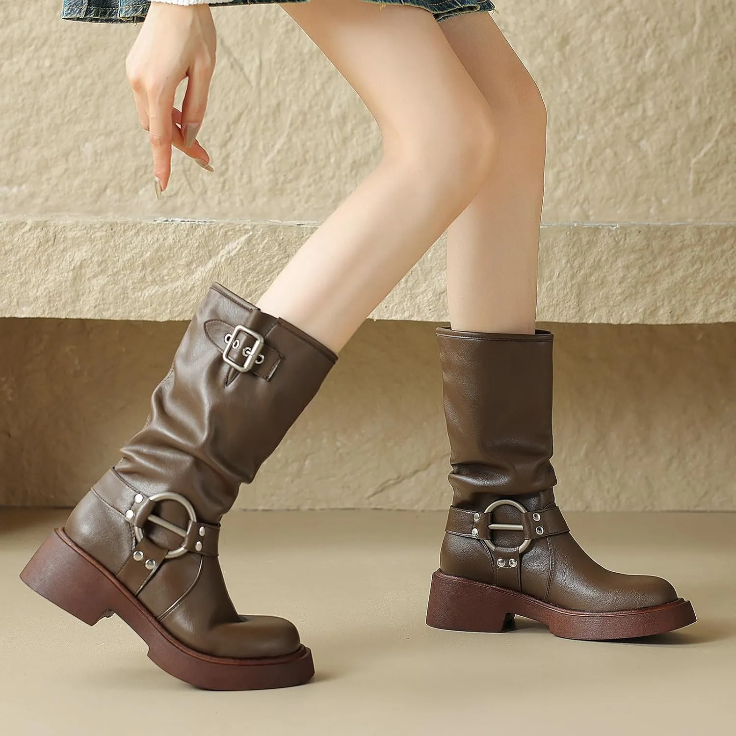 KysBloes Slouch Mid Calf Boots for Women Square Toe Motorcycle Boot Chunky Heel Biker Boots with Buckle Comfortable Boots
